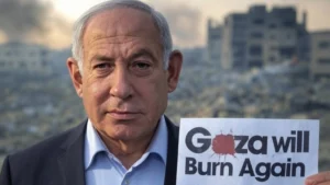 Israel PM Benjamin Netanyahu holding poster of Gaza will Burn Again