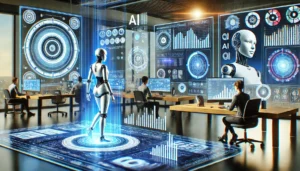 Futuristic picture of Robots& people working with AI