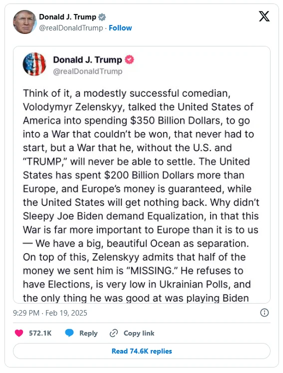 Donald Trump post on Zelensky is a Dictator