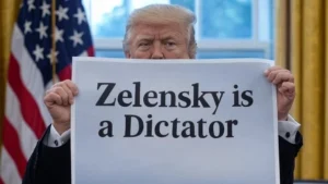 Donald trump holding poster of zelensky is a dictator