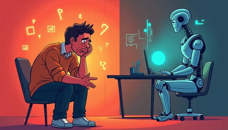 An animated-style illustration depicting a frustrated human sitting on a chair with their head in their hands, surrounded by warm red and orange tones symbolizing stress. A glowing alert reading 'Job at Risk' hovers nearby. In the background, a cool-toned humanoid AI robot efficiently performs tasks on a holographic keyboard, highlighting the contrast between human anxiety and AI efficiency.