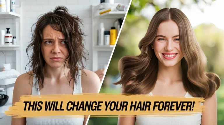 Woman's hair transformation: dull and greasy on the left, shiny and vibrant on the right.