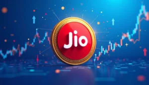 Vibrant poster for the launch of JioCoin cryptocurrency featuring a poppy blue background, a golden-bordered coin with red center, and bold white 'JioCoin' text, surrounded by dynamic elements like line charts and upward arrows.
