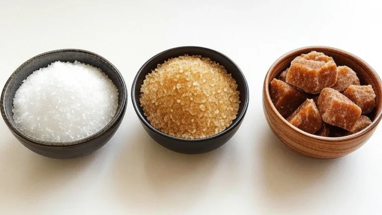 Refined Sugar, Raw Sugar & Jaggery in three different bowls