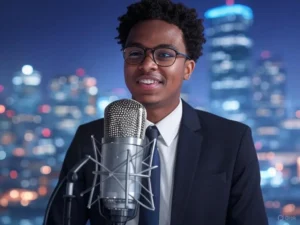 African person speaking in mic